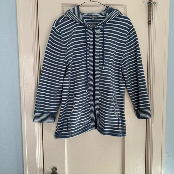 Talbots Zip Up Hoodie Blue & White Nautical Striped Front Pockets Coastal Size L - Picture 2 of 10